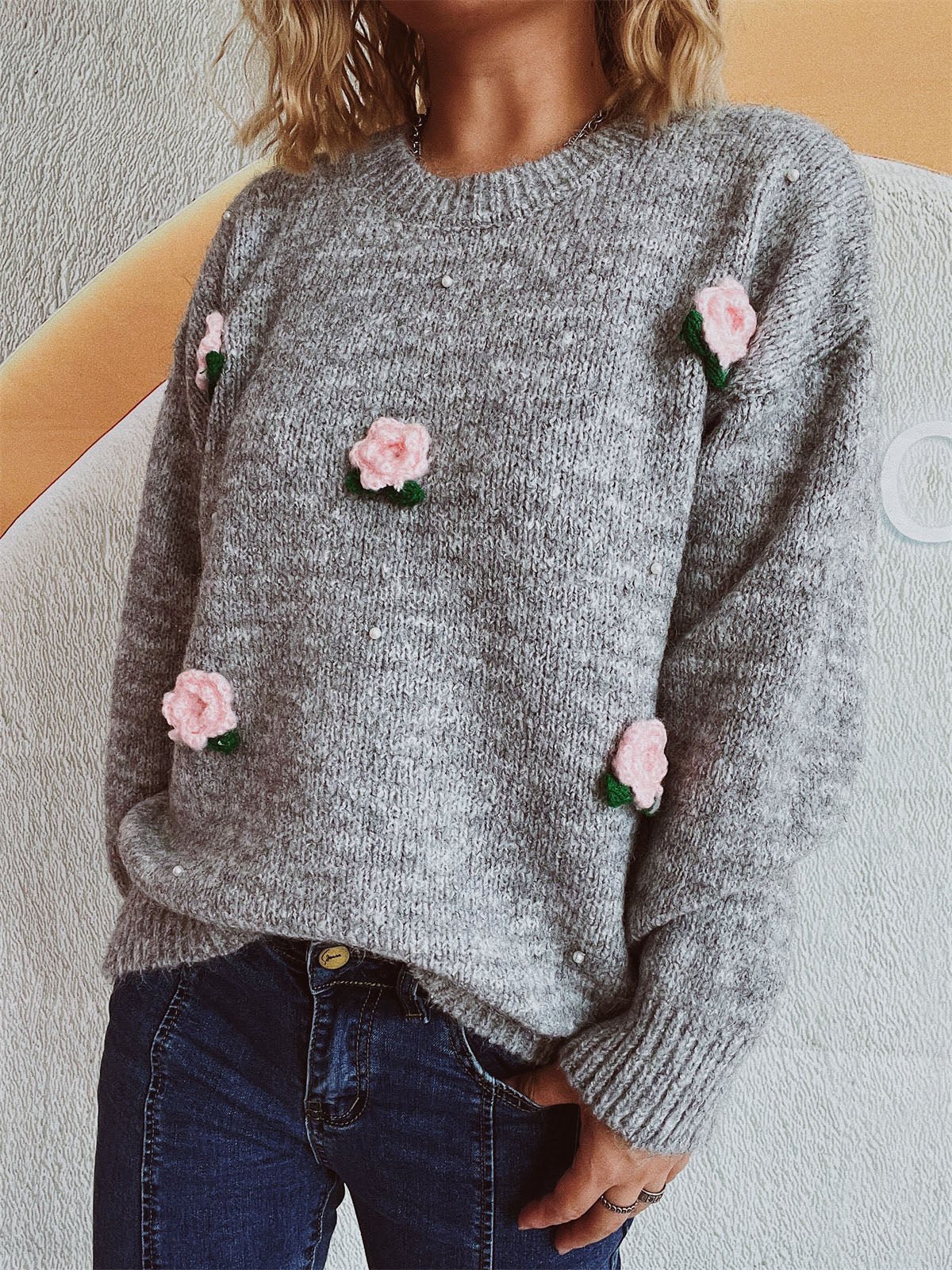 Flower Round Neck Long Sleeve Sweater Parooz Boutique Gifts