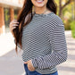 Black Stripe Round Neck Drop Shoulder Long Sleeve Top