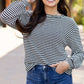 Black Stripe Round Neck Drop Shoulder Long Sleeve Top