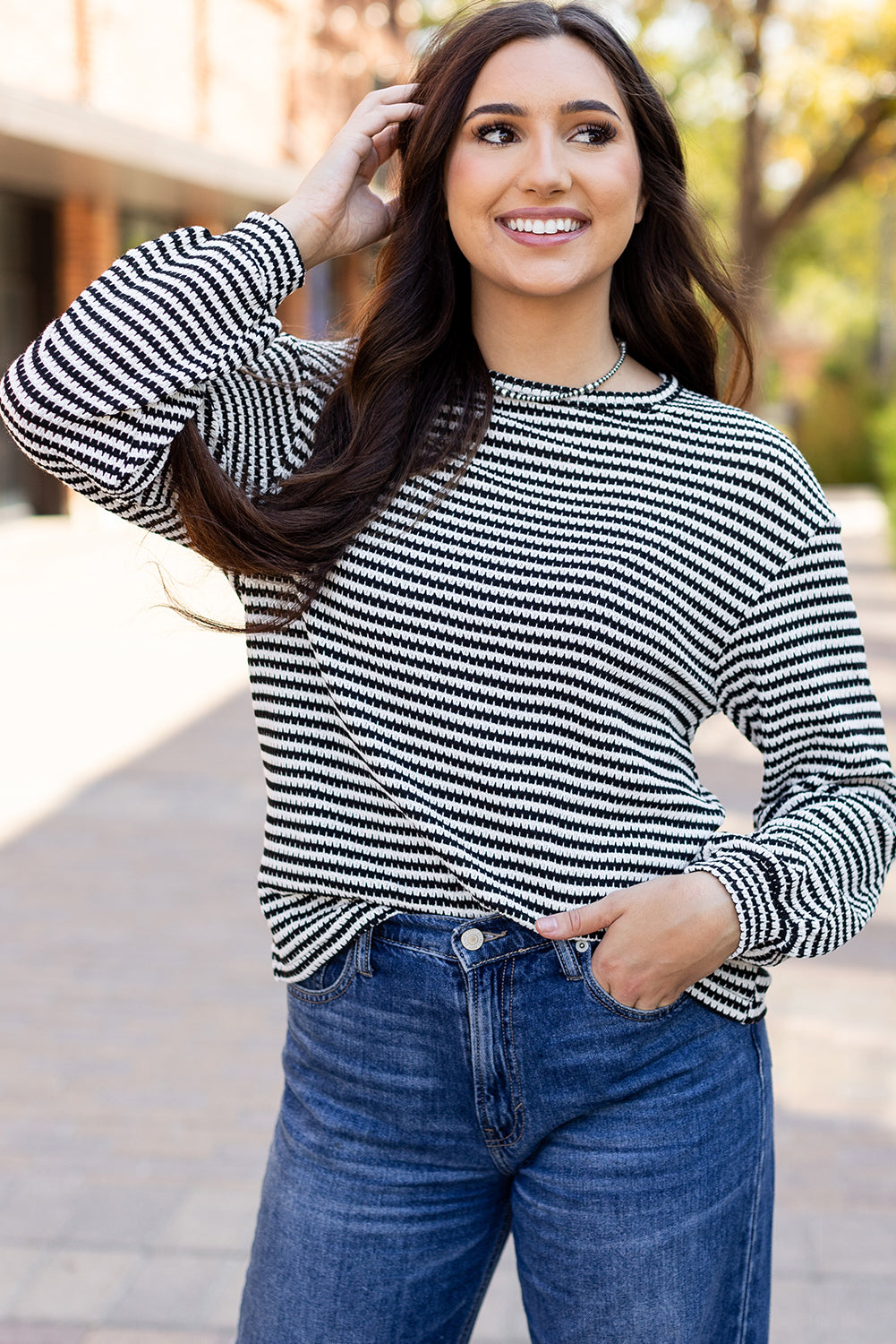 Black Stripe Round Neck Drop Shoulder Long Sleeve Top