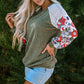 Laurel Green Floral Patchwork Long Sleeve Ribbed Blouse