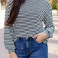 Black Stripe Round Neck Drop Shoulder Long Sleeve Top