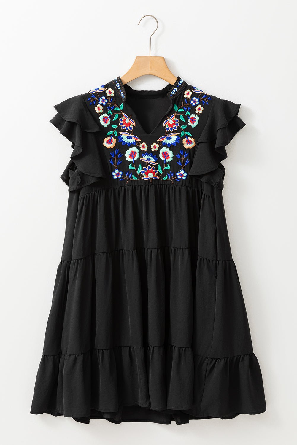 Floral Embroidered Tiered Ruffled Mini Dress