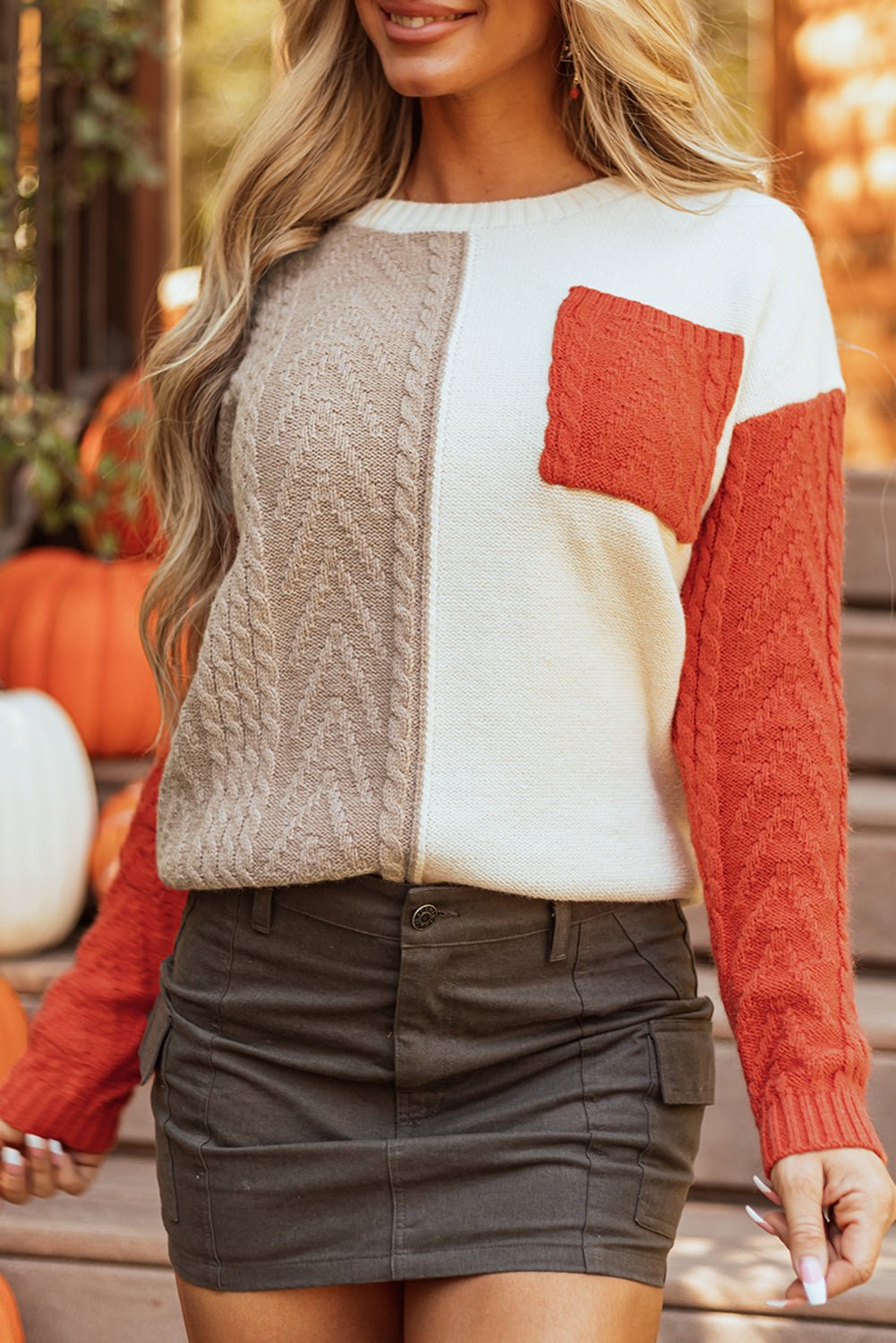 Gold Flame Colorblock Patched Pocket Drop Shoulder Sweater