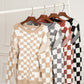 Khaki Checkered Print Drop Shoulder Round Neck Sweater