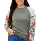 Laurel Green Floral Patchwork Long Sleeve Ribbed Blouse