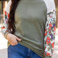 Laurel Green Floral Patchwork Long Sleeve Ribbed Blouse