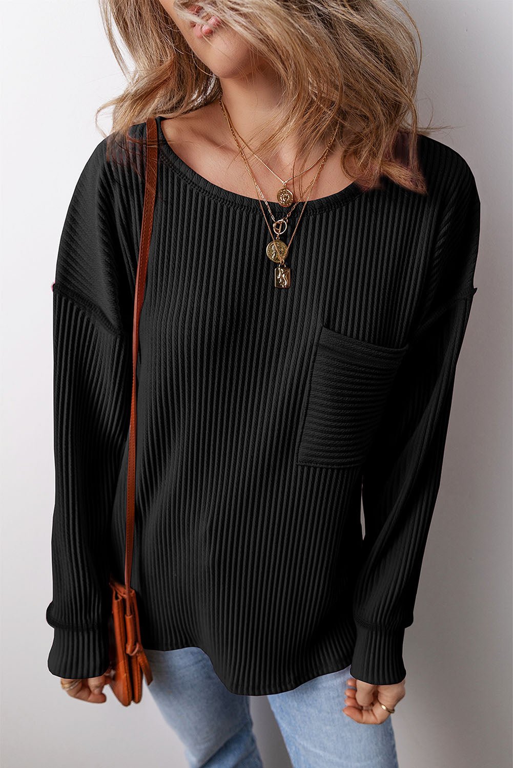 Pocketed Round Neck Long Sleeve Top