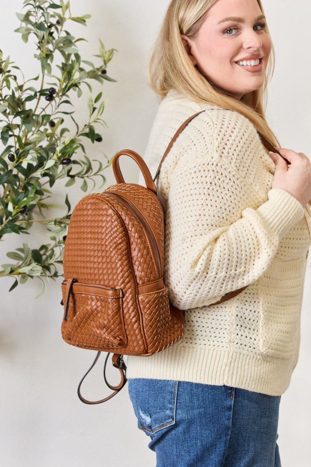 PU Leather Woven Backpack