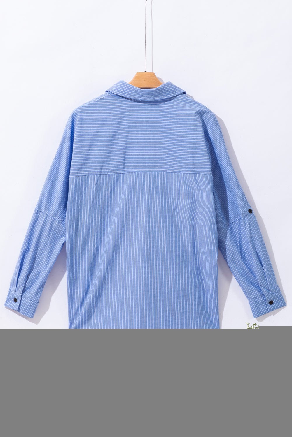 Sky Blue Stripe Roll - tab Sleeve Pocketed Long Shirt