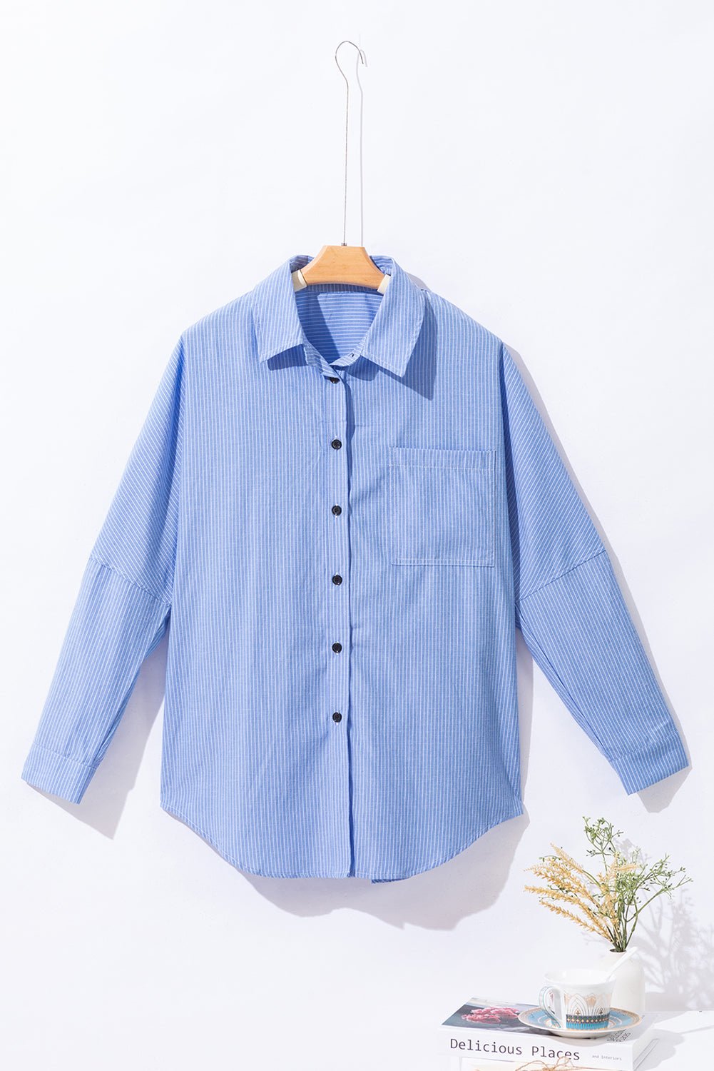 Sky Blue Stripe Roll - tab Sleeve Pocketed Long Shirt