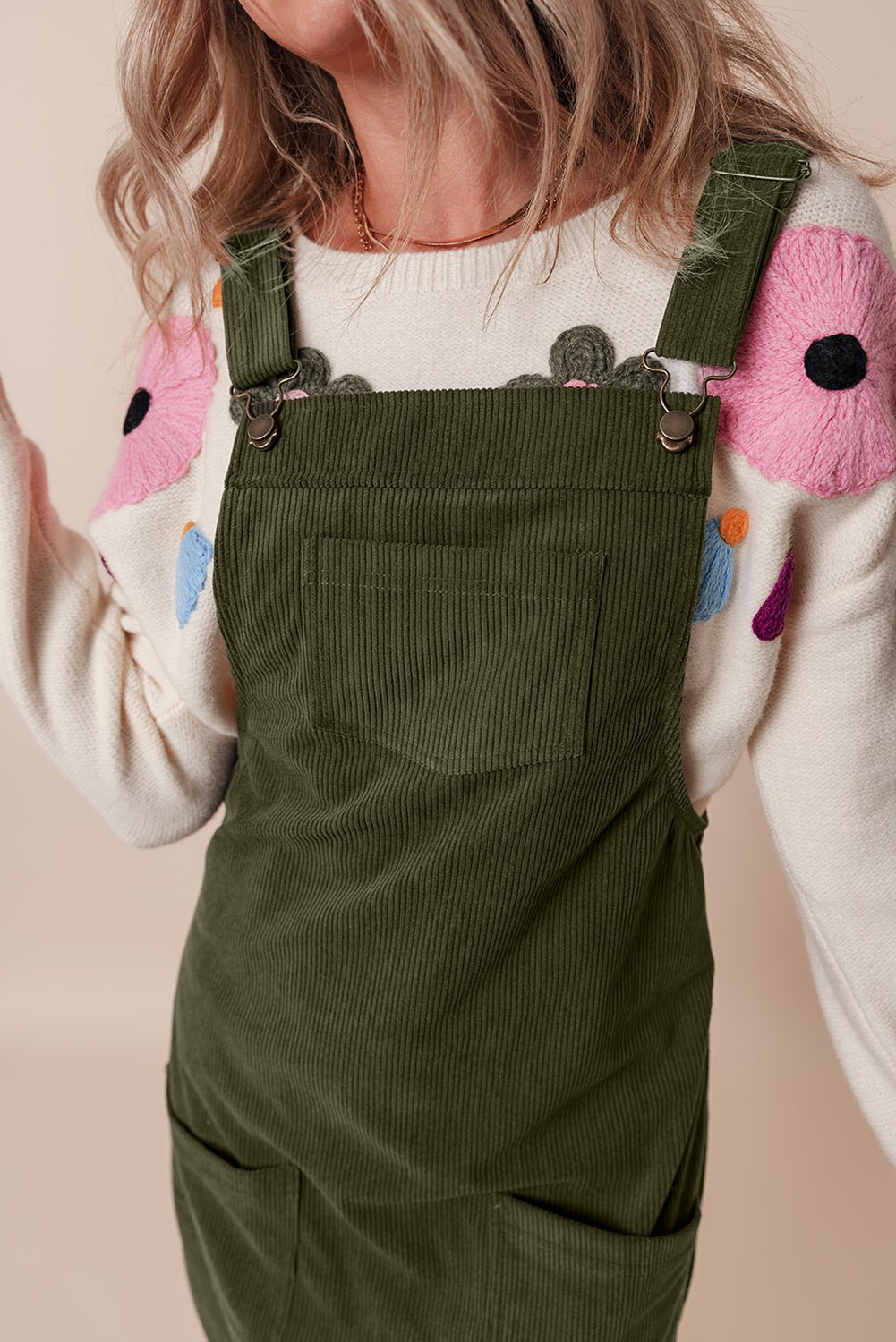 Solid Front Pockets Sleeveless Corduroy Overall Dress