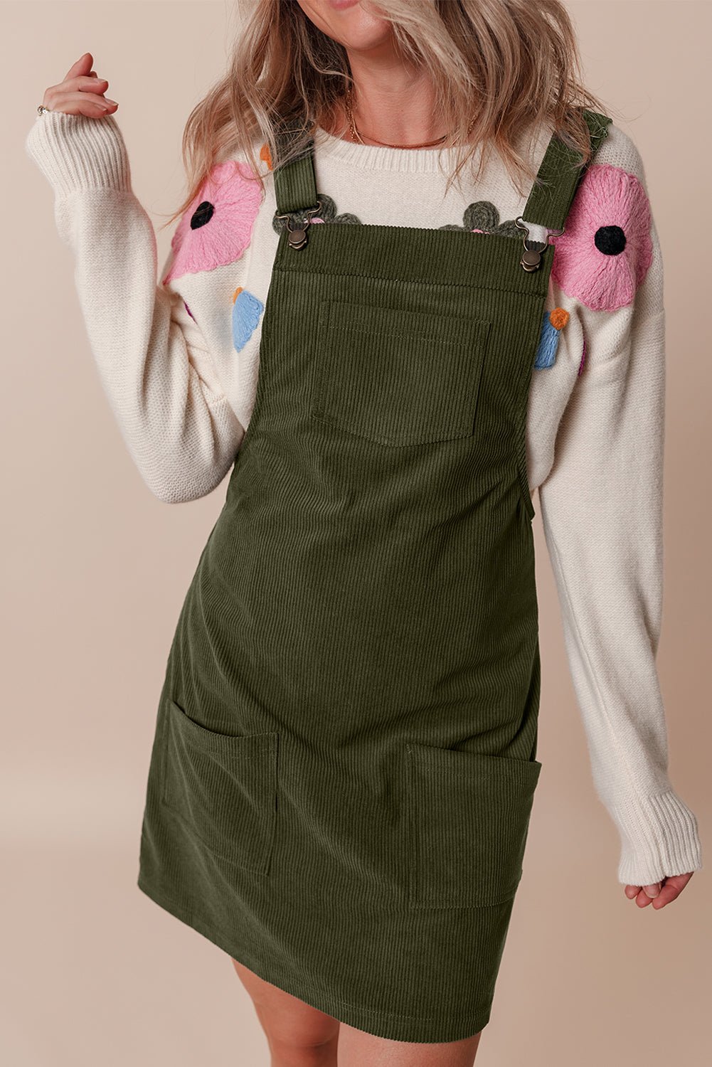 Solid Front Pockets Sleeveless Corduroy Overall Dress