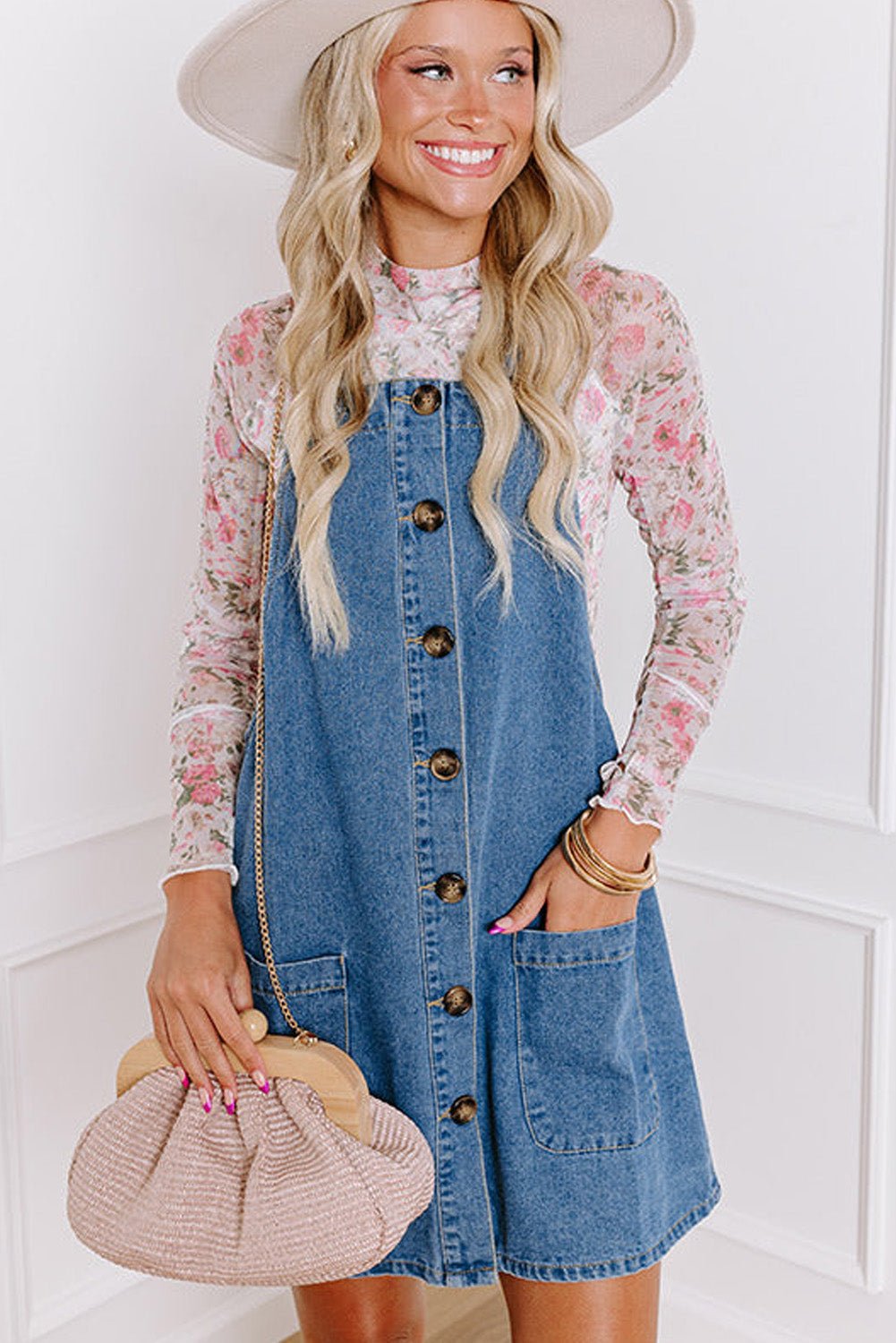 Wide Strap Button Front Pocketed Denim Mini Dress