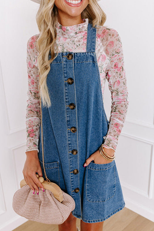 Wide Strap Button Front Pocketed Denim Mini Dress